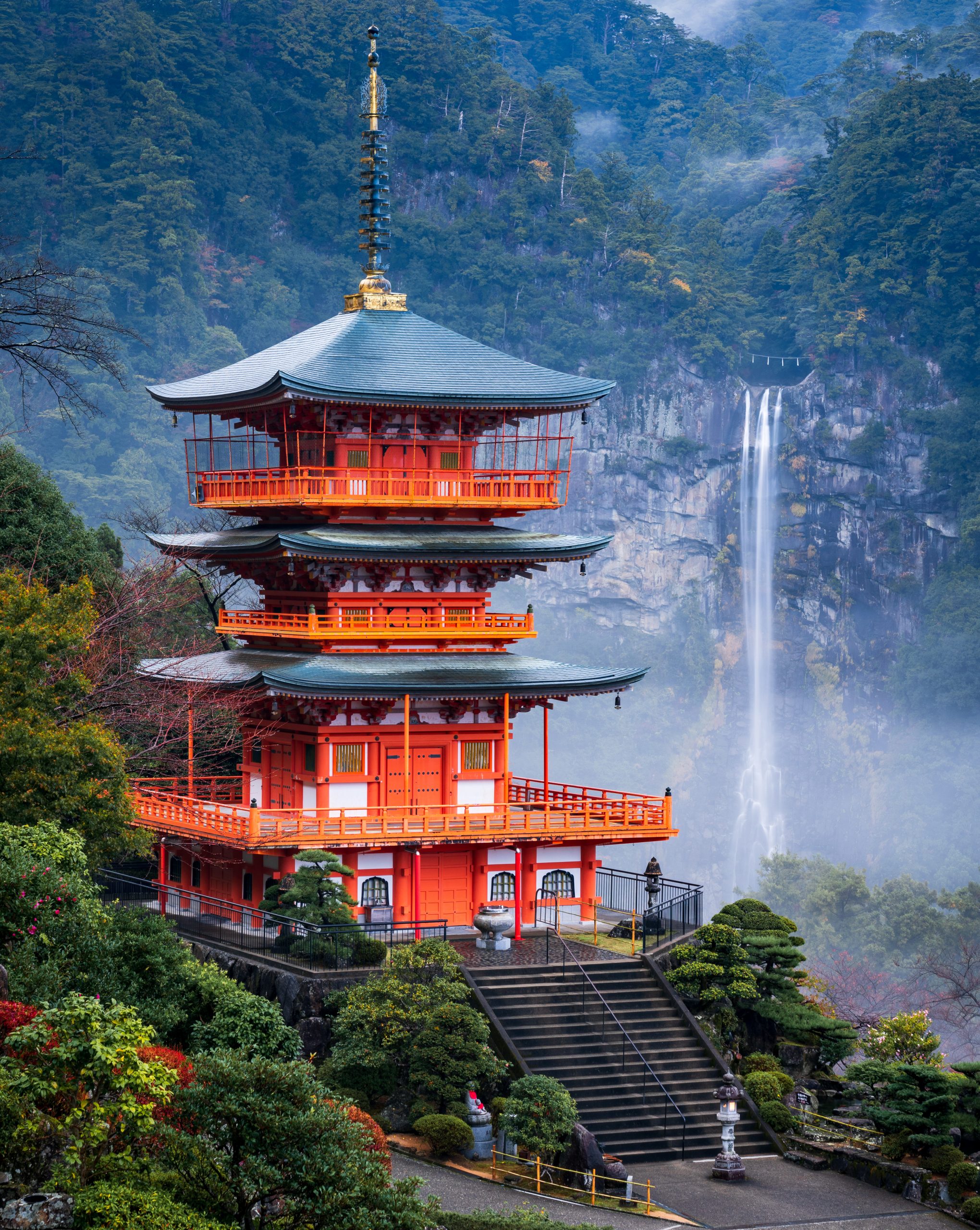 Nachi waterfall with red pagoda in the background, Nachi, Wakayama, Japan